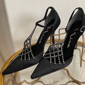 NINA rhinestone evening shoe, black satin, 3” heel